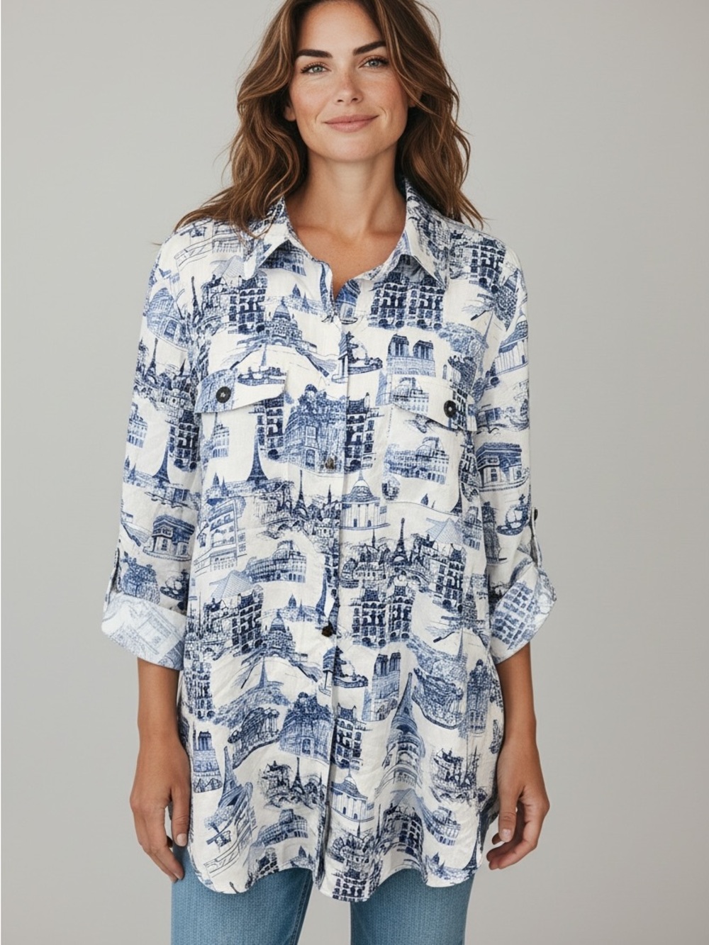 Karl Lagerfeld White and Blue Scenic Paris Print Shirt
